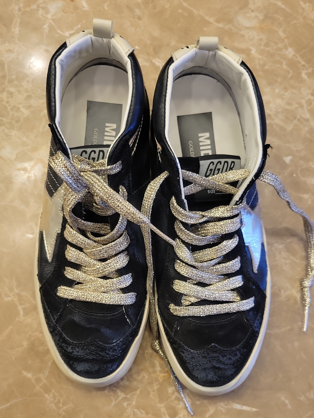 Golden Goose Black Women's Semi High-Top Sneakers with Silvery-Gold Laces, Sz 6 - Picture 5 of 16